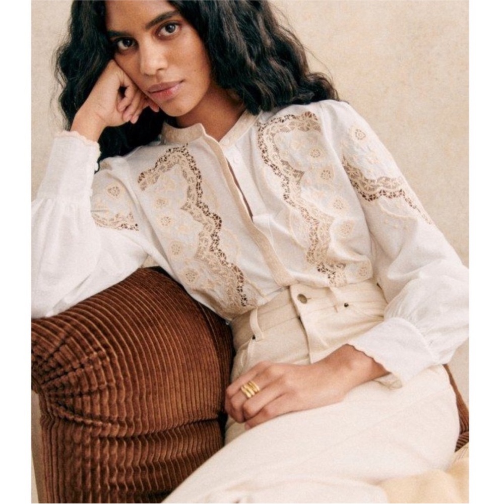 SEZANE Alba White Honey Tan Boho Floral Embroidered Lace Button Down Blouse
